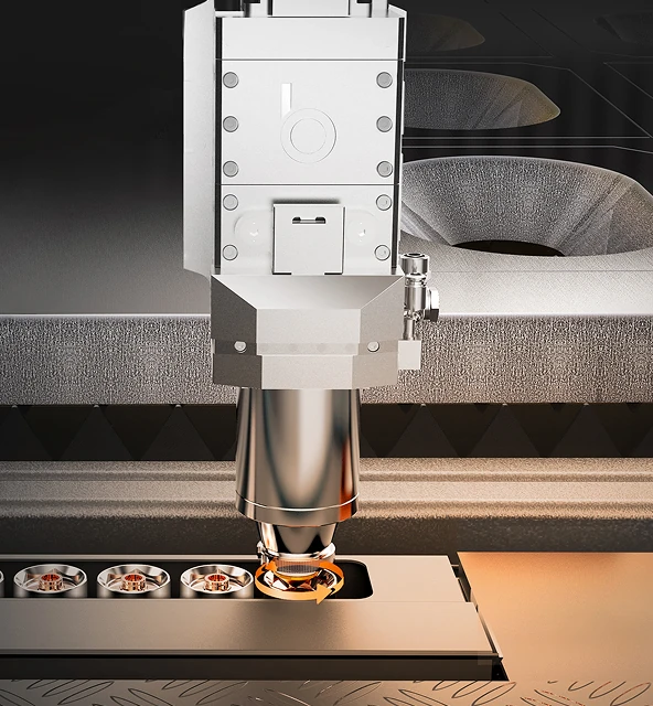 Bodor bevel-cutting laser head processing a metal component